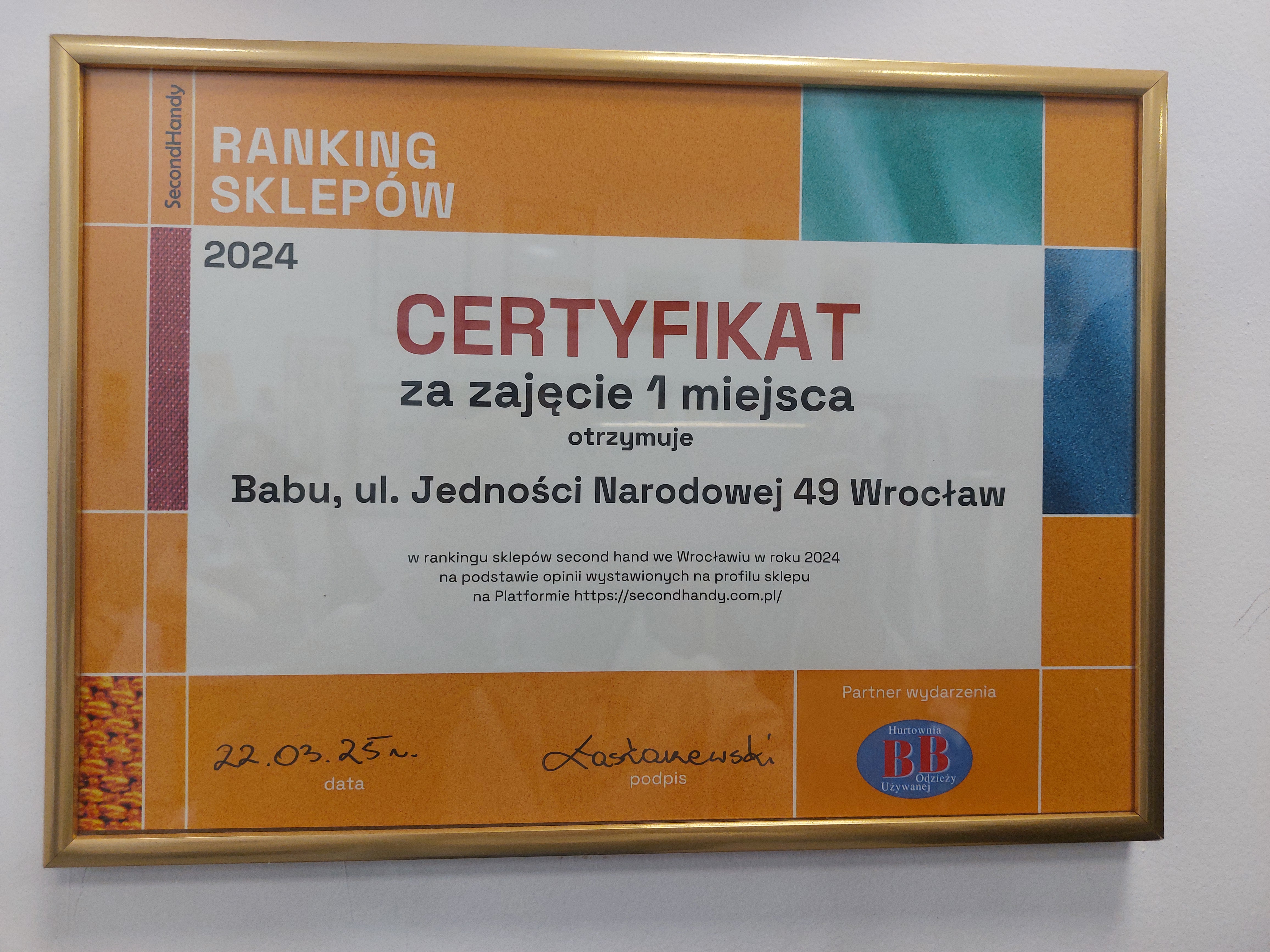 Certyfikat BaBu Second Hand Wrocław